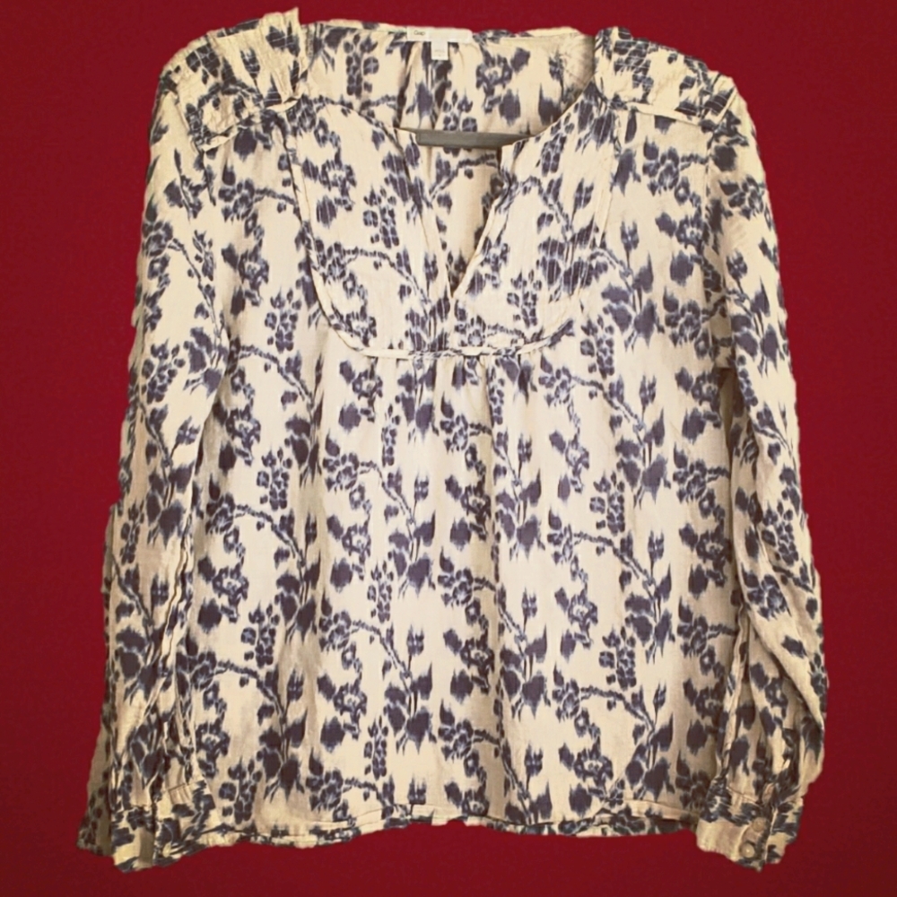 Light weight gauzy blue and creamy white blouse